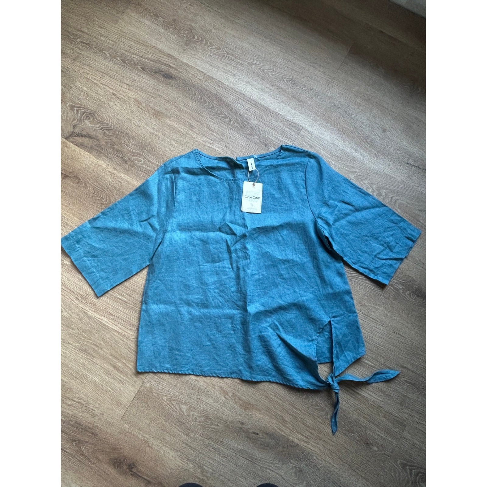 Grae Cove 100% Linen Nwt Side Tie Top Teal Blue Button Down Blouse M — image 4 of 8